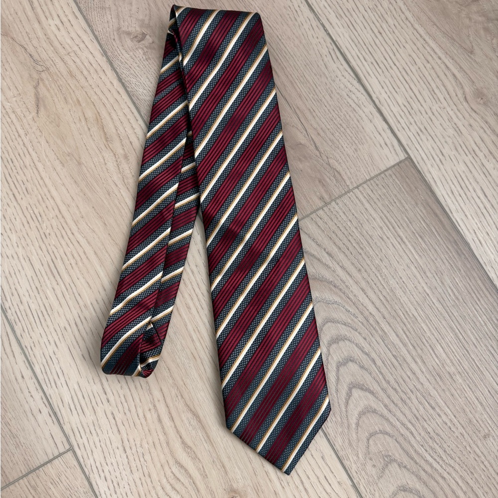 Alexander Julian Striped Tie in Burgundy and Gray 57 inches